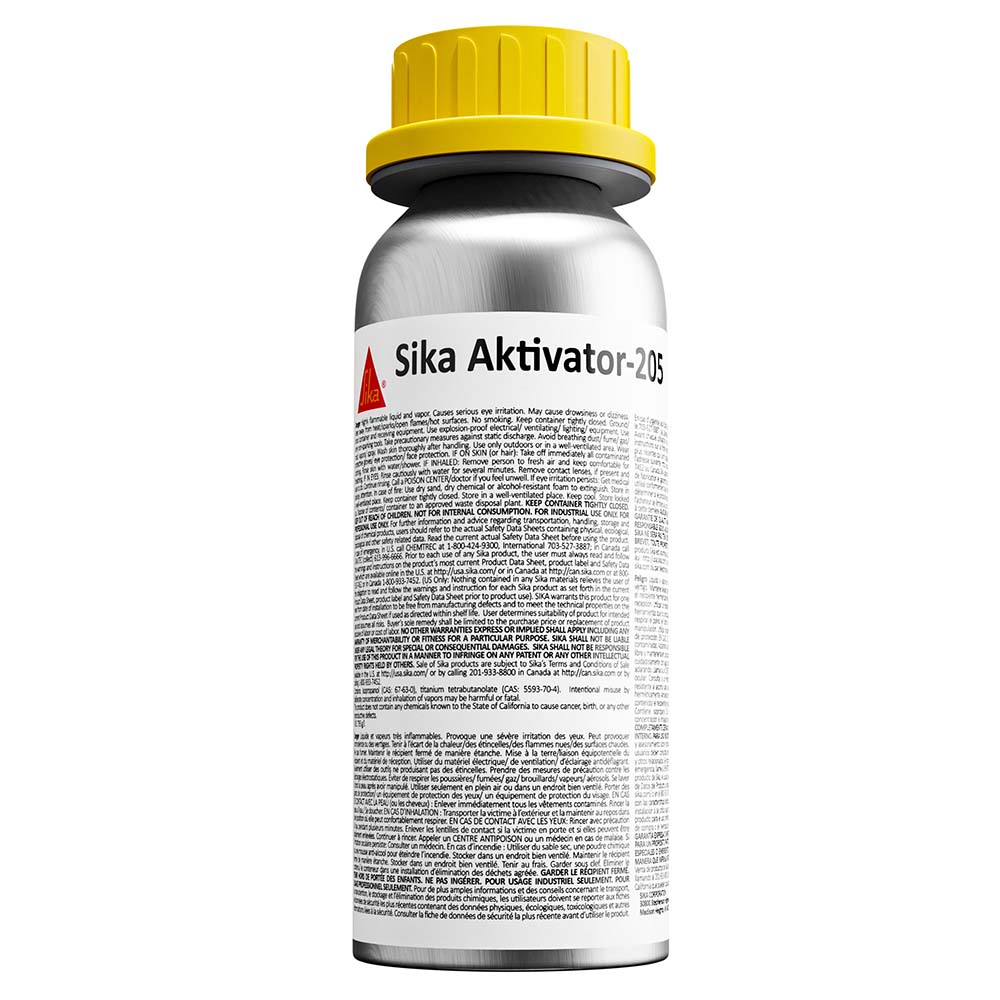 Sika Aktivator-205 Clear adhesive primer in a 250ml bottle, used for preparing surfaces in sealing and bonding applications.
