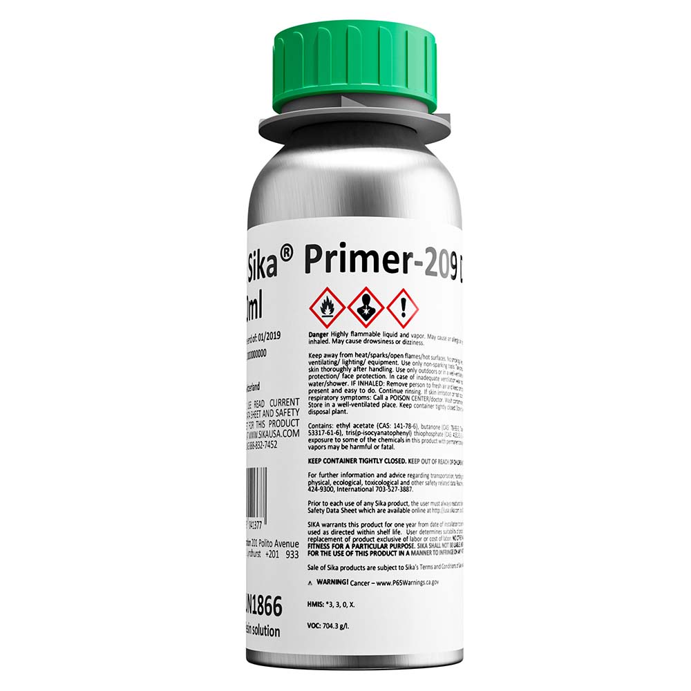 Sika Primer-209 D Black 250ml bottle for adhesives and sealants, featuring black primer in a compact bottle.