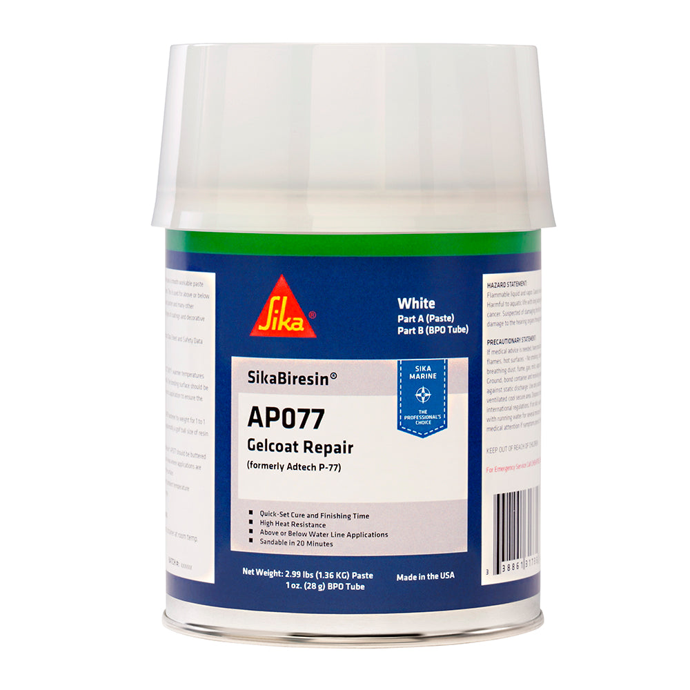 White SikaBiresin AP077 adhesive with BPO hardener in a quart container, used for strong bonding and sealant applications.