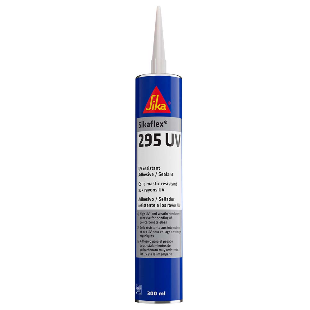 Sika Sikaflex 295 UV black adhesive sealant tube with nozzle, 10oz size, used for sealing and bonding applications.