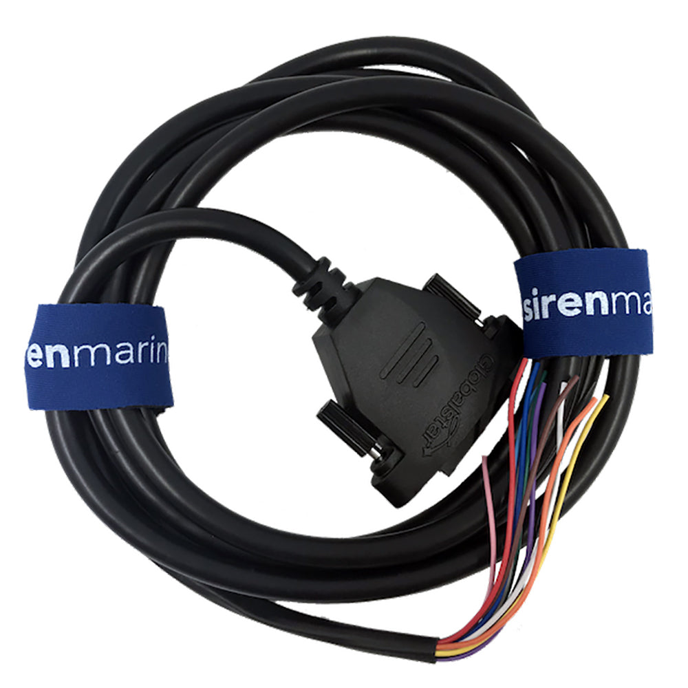 Siren Marine SirenSat offshore satellite antenna with 2-meter power cable for marine security systems, mounted on a vessel.