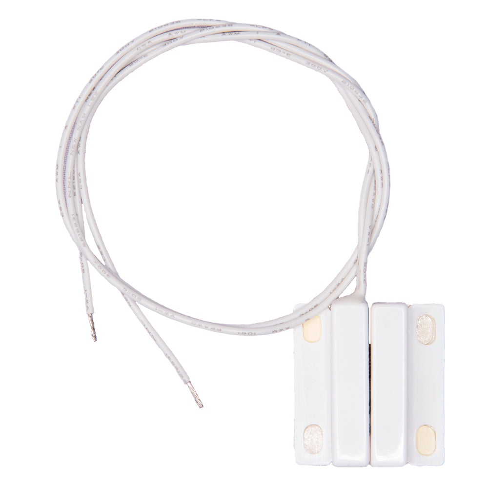 Siren Marine Wired Magnetic Reed Switch for security systems, mounted on a door frame, black cylindrical sensor with wiring.
