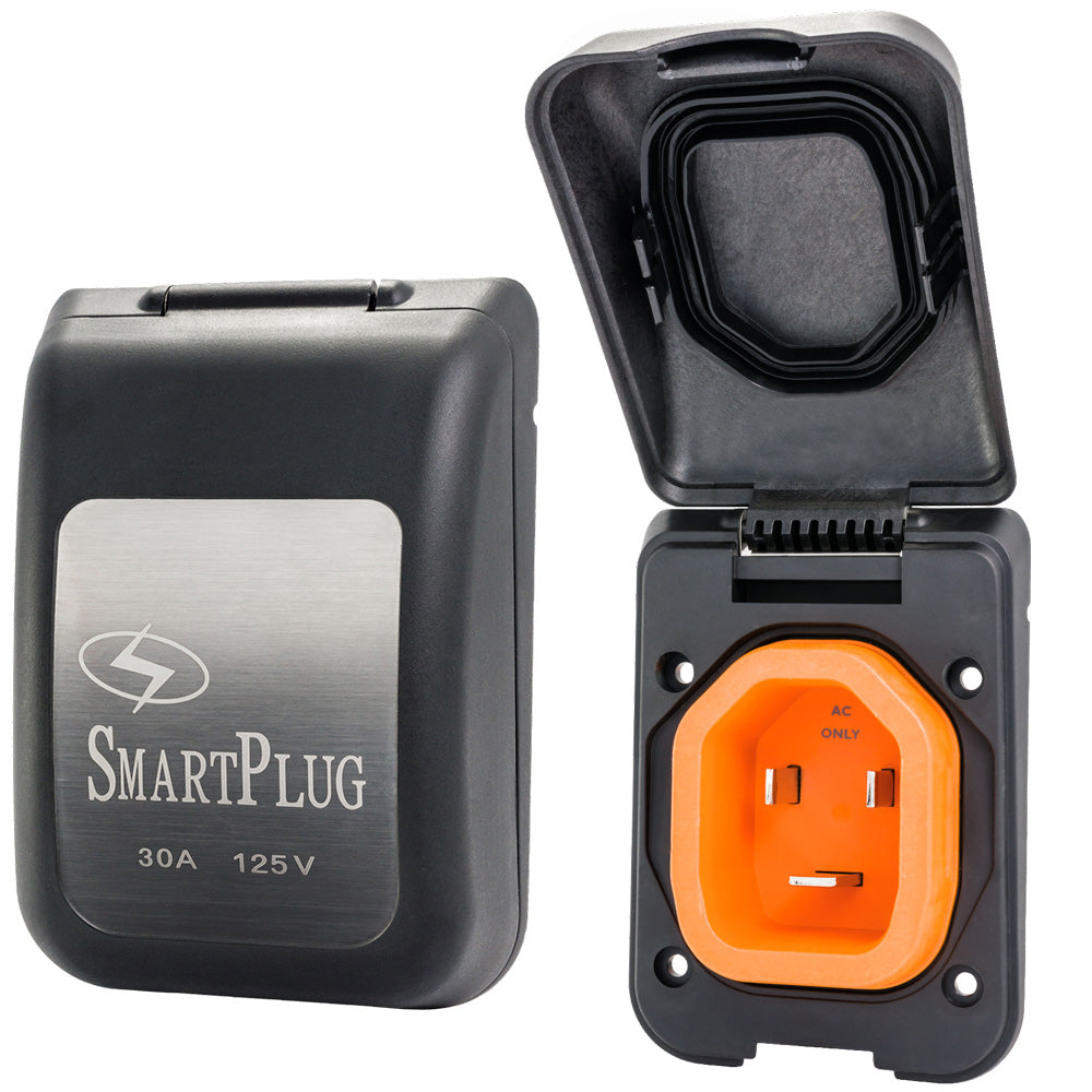 Black SmartPlug 30 AMP male non-metallic inlet cover for shore power connections, designed for durable electrical protection.