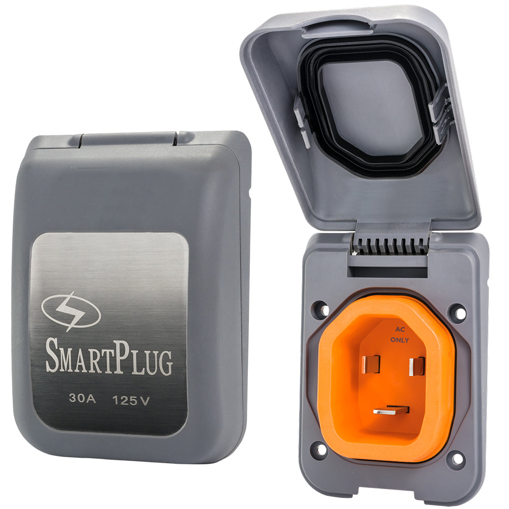 Grey SmartPlug 30 Amp male shore power inlet cover, non-metallic design, for secure electrical connection.