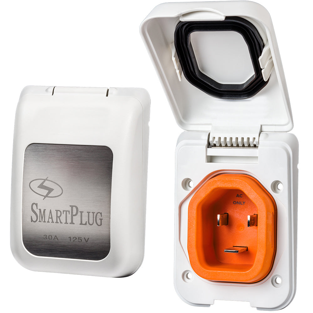 White SmartPlug 30 Amp male shore power inlet cover, non-metallic for secure connection and weather resistance.