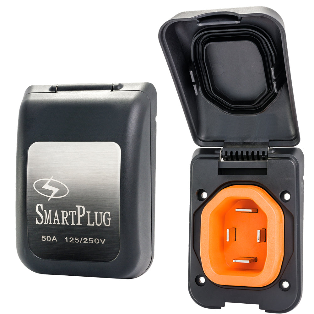 Black SmartPlug 50 Amp male non-metallic shore power inlet cover for secure outdoor electrical connections.