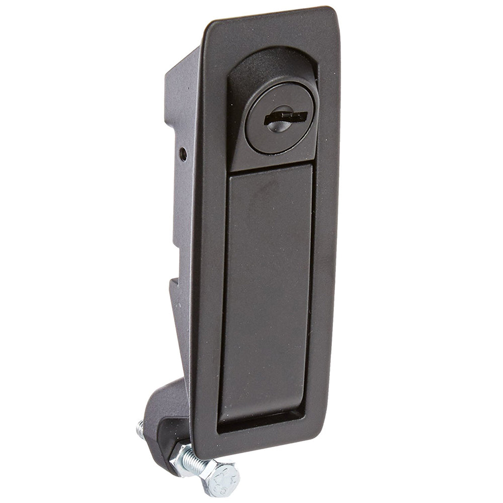 Southco flush locking compression lever latch with handle in closed position, durable metal construction, used for secure closures.