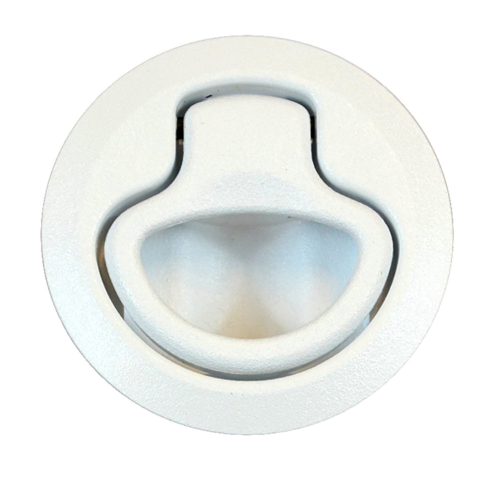 Southco flush pull latch in white plastic, pull-to-open non-locking latch for cabinets or enclosures, shown in close-up.