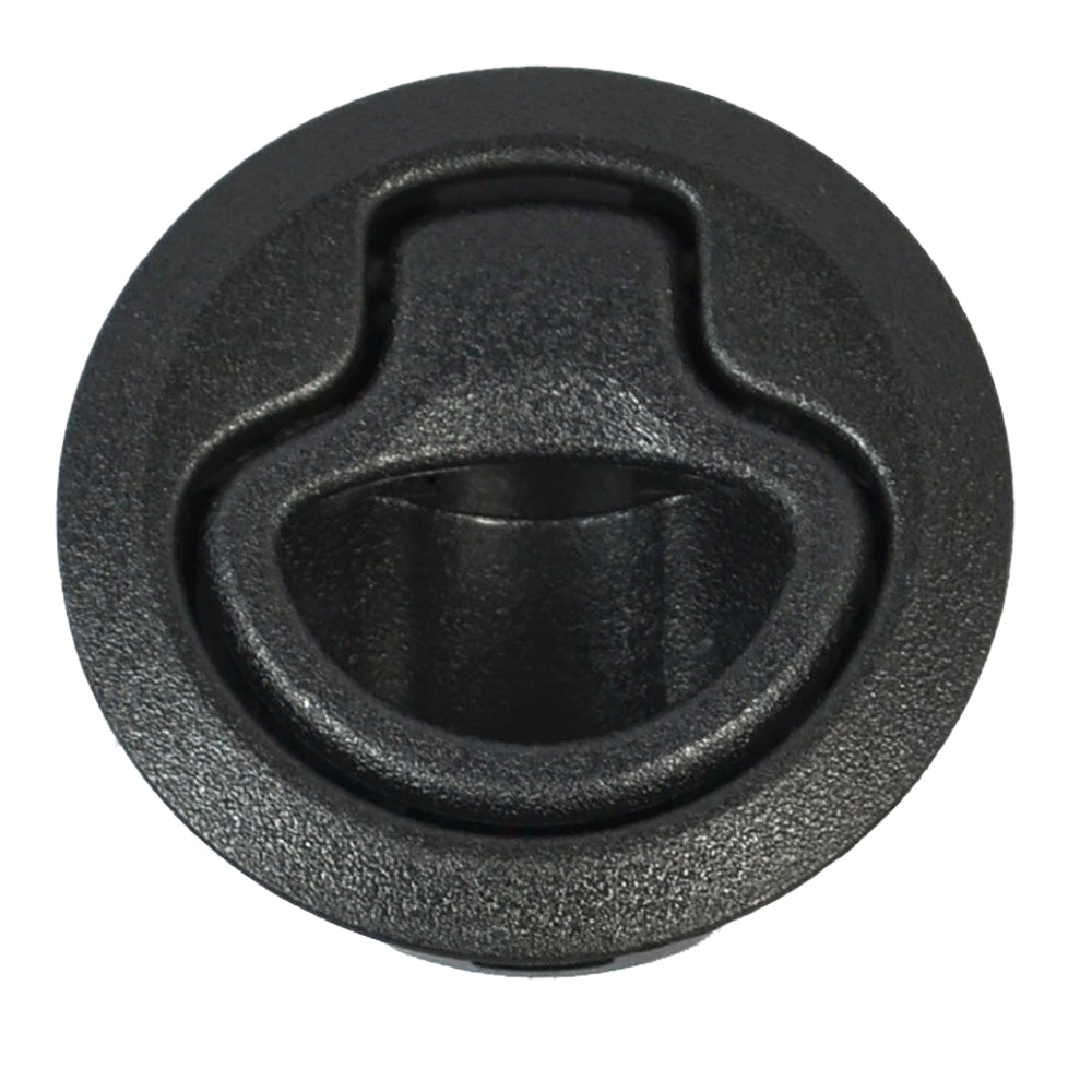 Southco flush pull latch in medium size, black finish, designed for push-to-close cabinets or panels.