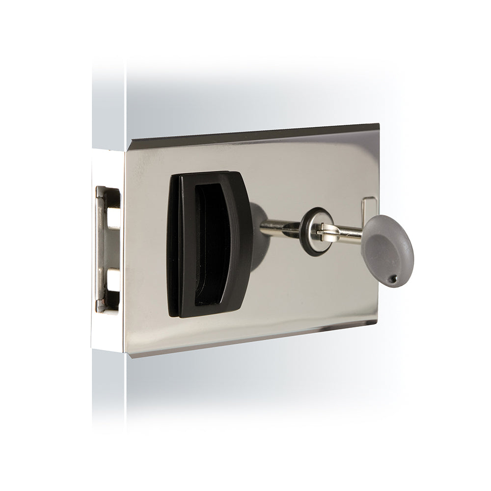 Southco flush sliding door latch in square aluminum design, used for secure door fastening.