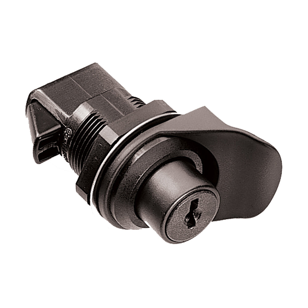 Southco keylocking flush knob latch in black plastic, designed for secure, flush-mounted locking applications.
