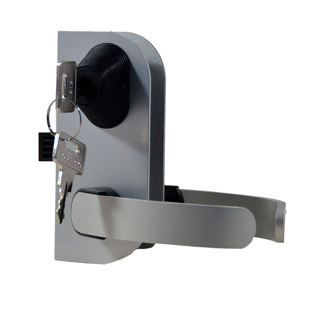 Southco Offshore Swing Door Latch with key locking, durable latch for secure marine or offshore applications, black metal finish.