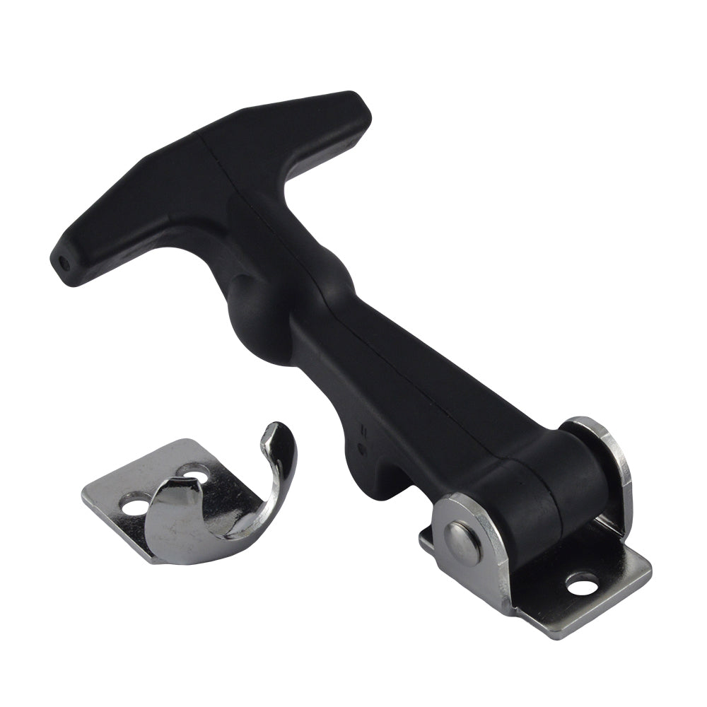 Southco one-piece flexible handle latch with rubber and stainless steel mount, showing the latch design and mounting components.