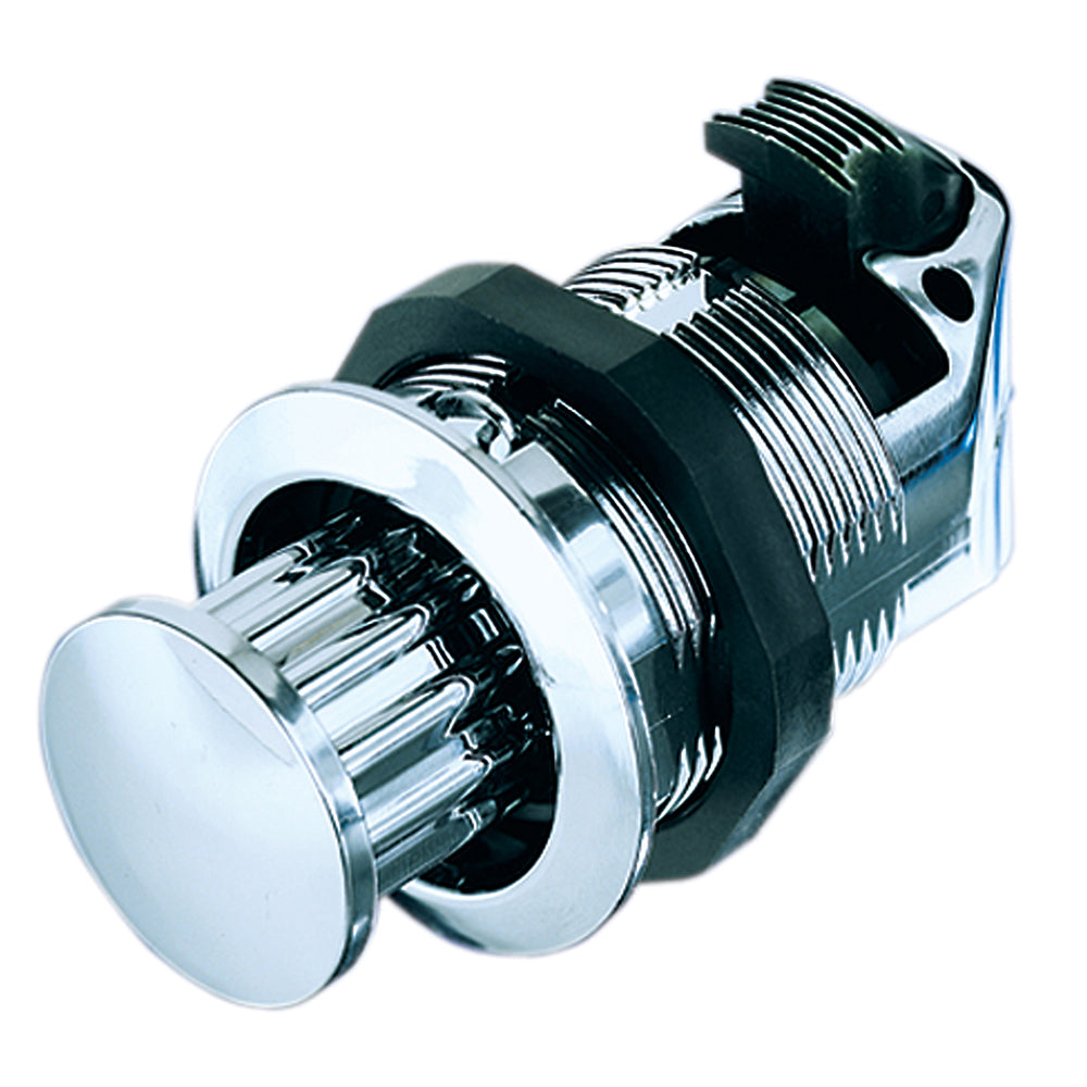 Southco pop-out knob latch with chrome-plated plastic handle and threaded body, designed for secure fixed grip applications.