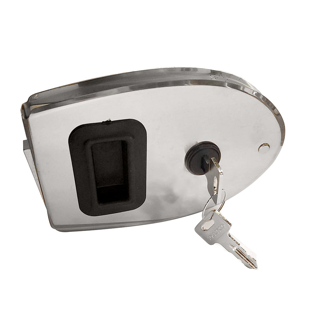 Southco sliding action latch weatherproof lock in oval stainless steel, showing its durable design and secure locking mechanism.