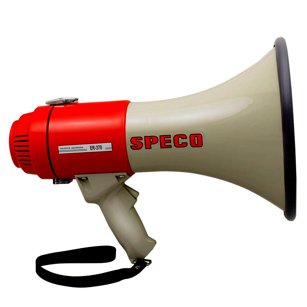 Speco ER370 Deluxe megaphone with siren in red and grey, 16W horn for public address and outdoor use.