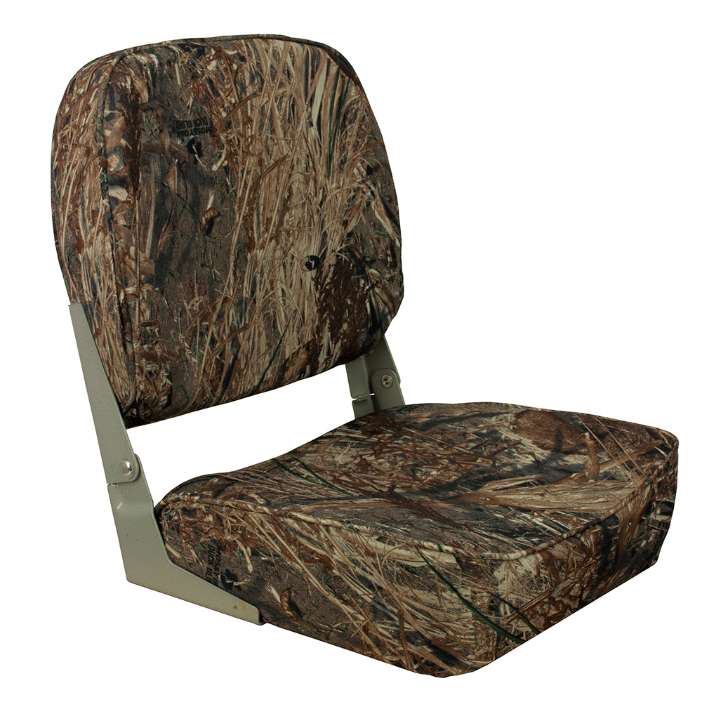 Springfield Marine Economy Folding Seat in Mossy Oak Duck Blind camouflage, designed for comfortable outdoor seating.