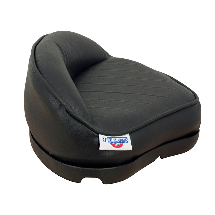 Springfield Marine black Pro Stand-Up Seat for boating, showing padded seat with backrest and mounting hardware in a marine setting.