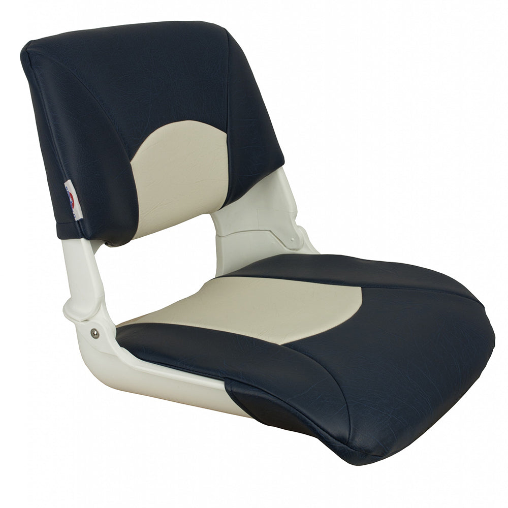 Springfield Marine Skipper Standard Seat in white and blue, fold-down seating for boats with comfortable marine upholstery.