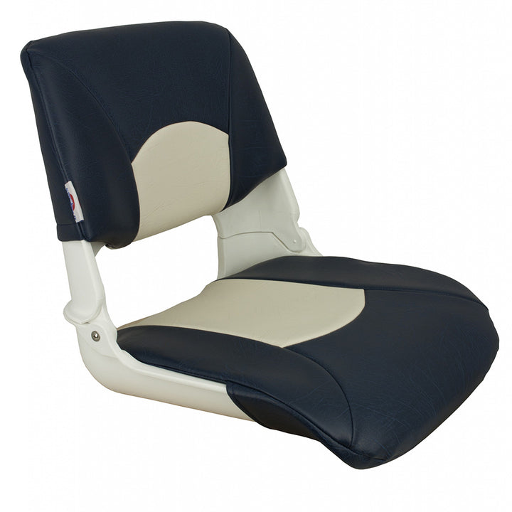 Springfield Marine Skipper Standard Seat in white and blue, fold-down seating for boats with comfortable marine upholstery.