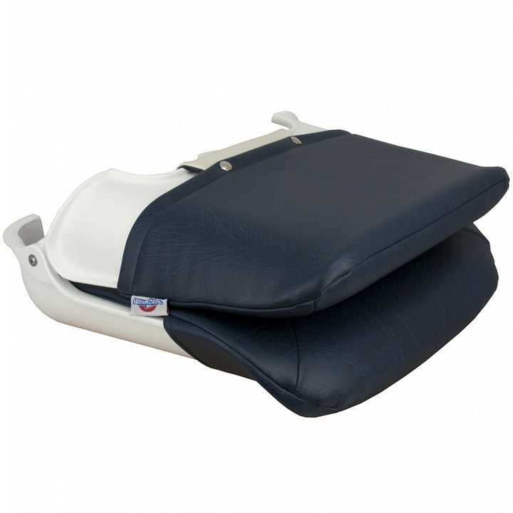 Springfield Marine Skipper Standard Seat Fold Down in white and blue, marine seating for boats with comfortable padded cushion