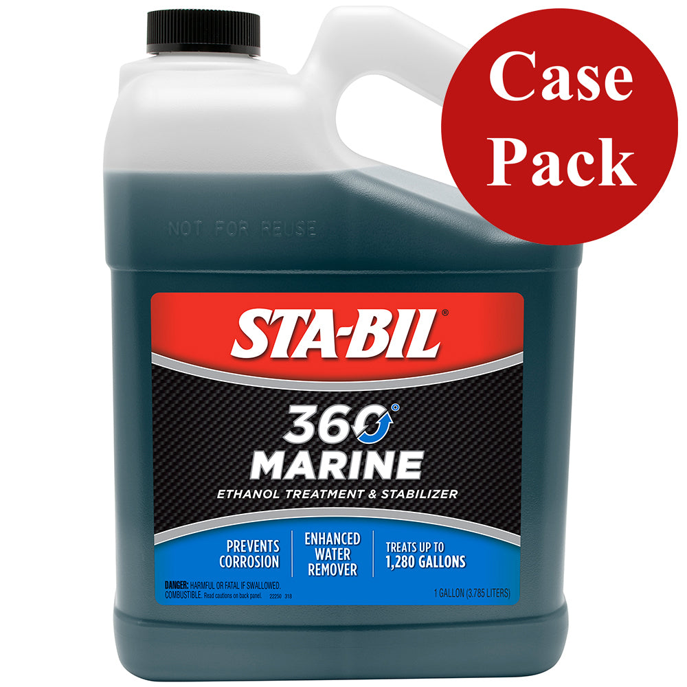Four gallons of STA-BIL 360 Marine cleaning solution in white bottles with blue caps, designed for boat engine cleaning.
