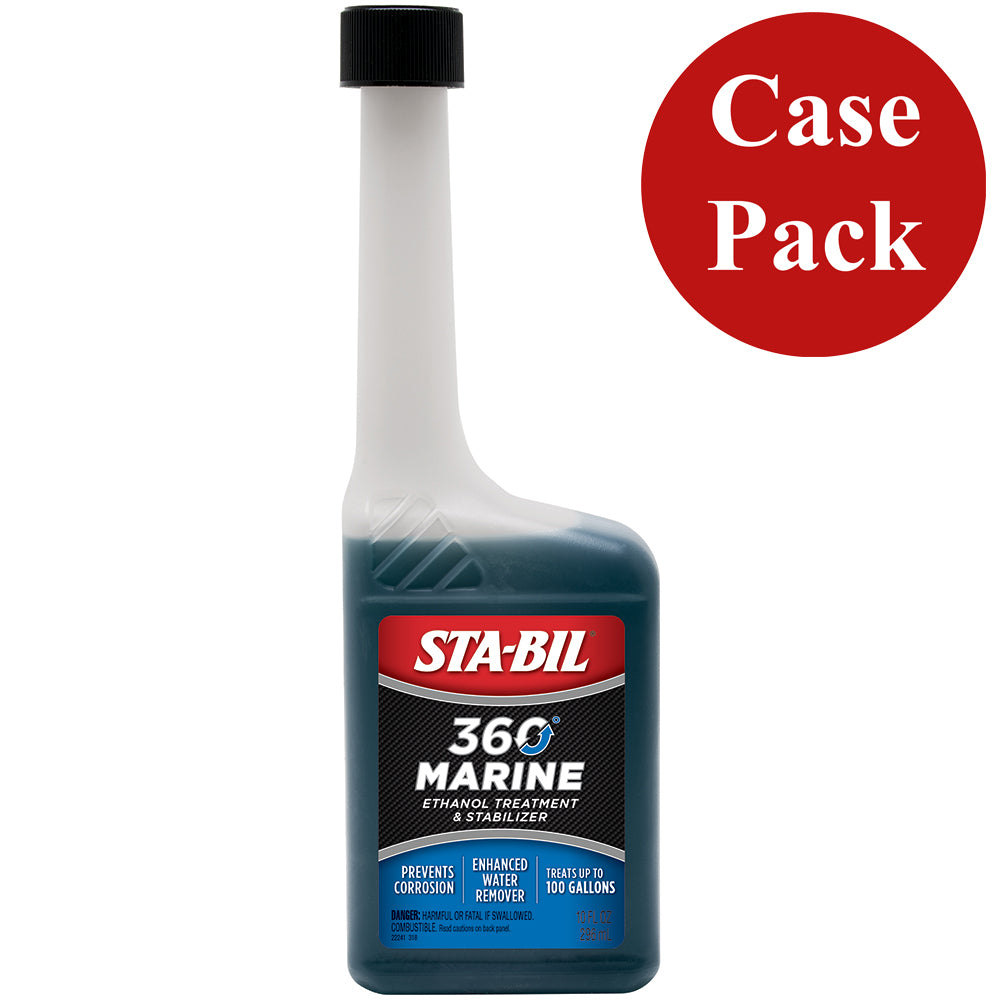 STA-BIL 360 Marine cleaning product in 10oz bottles, shown in a case of 12, designed for marine engine and fuel system cleaning.