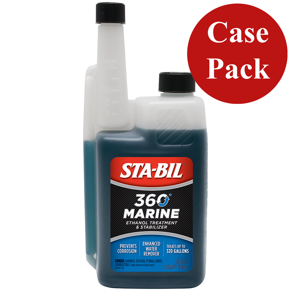 Six 32oz bottles of STA-BIL 360 Marine cleaning solution in a case, designed for cleaning marine engines and equipment.