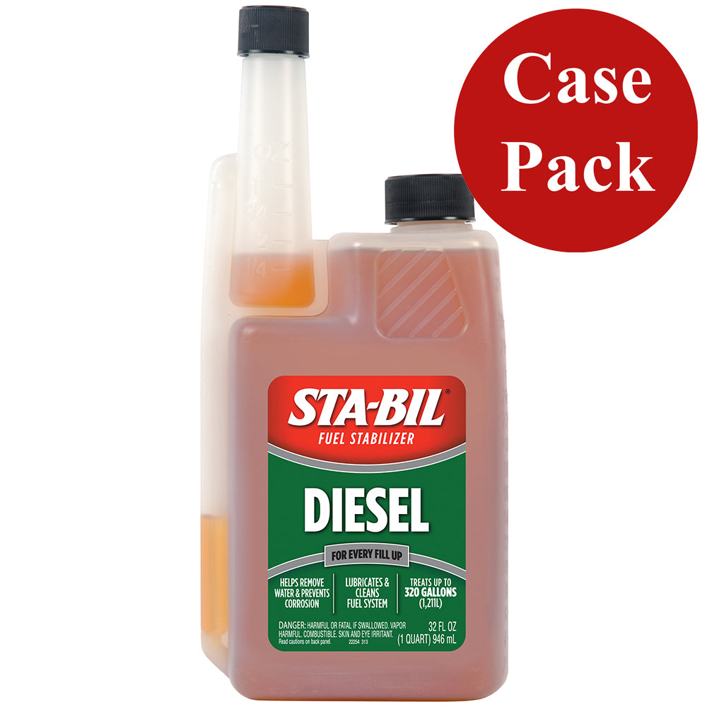 STA-BIL Diesel Formula Fuel Stabilizer and Performance Improver 32oz bottles, shown in a case of four for cleaning and fuel stability.