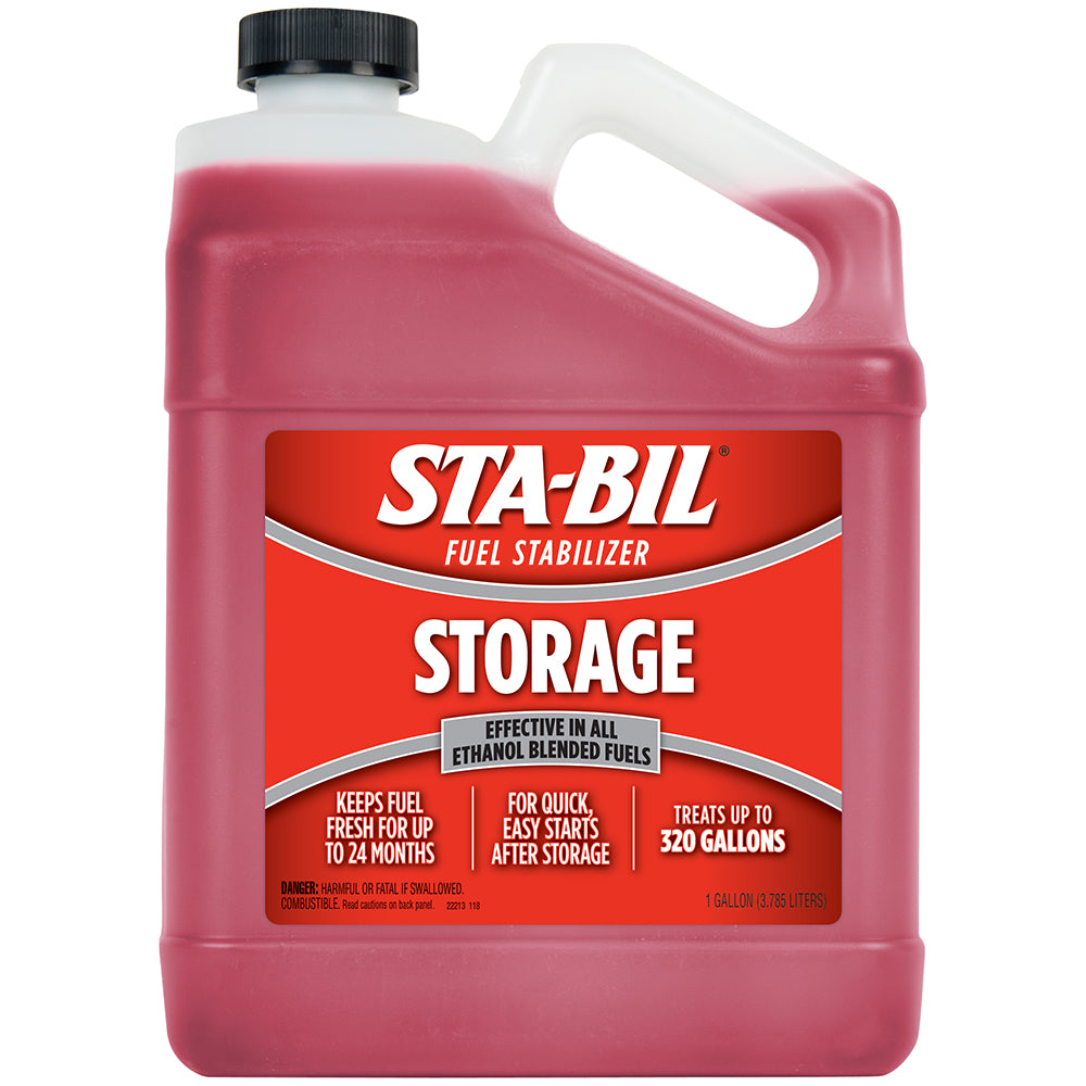 STA-BIL Fuel Stabilizer 1-gallon bottle, designed to keep fuel fresh and prevent degradation in outdoor and marine engines