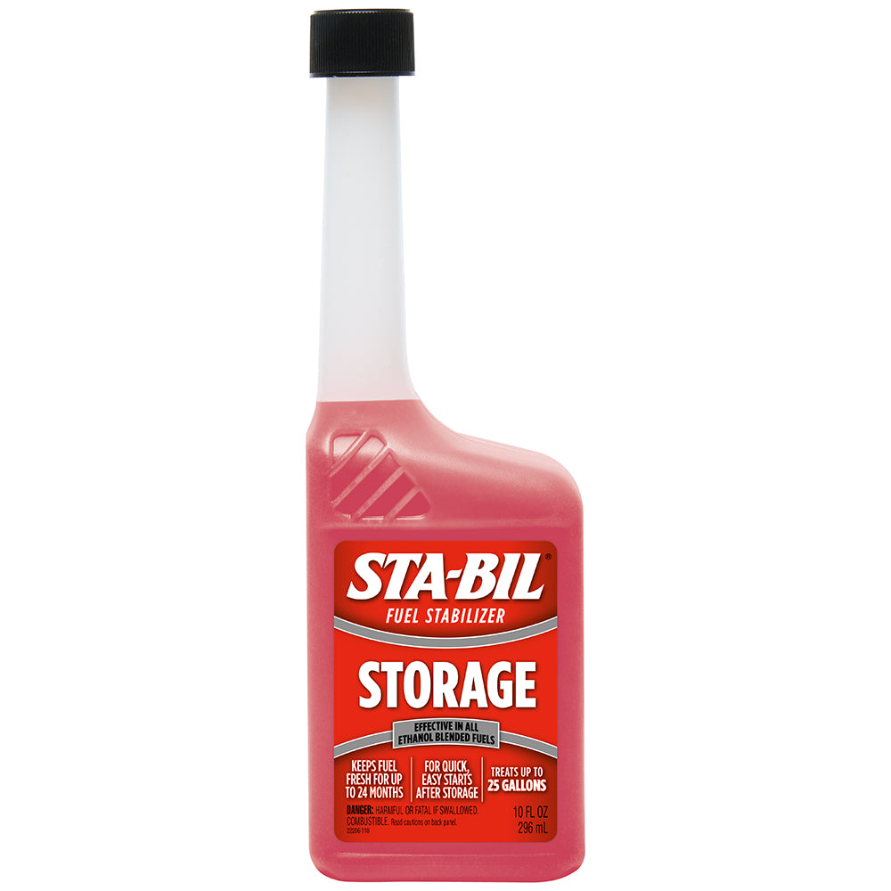 STA-BIL Fuel Stabilizer 10oz bottle used for fuel cleaning and stabilizing in automotive engines.