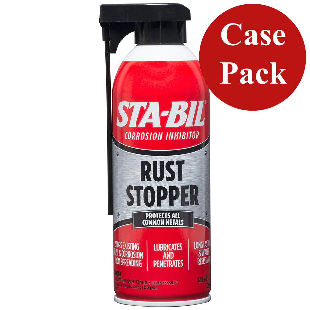 STA-BIL Rust Stopper 12oz cleaning spray in case of 6 bottles, designed to prevent rust and corrosion on metal surfaces.