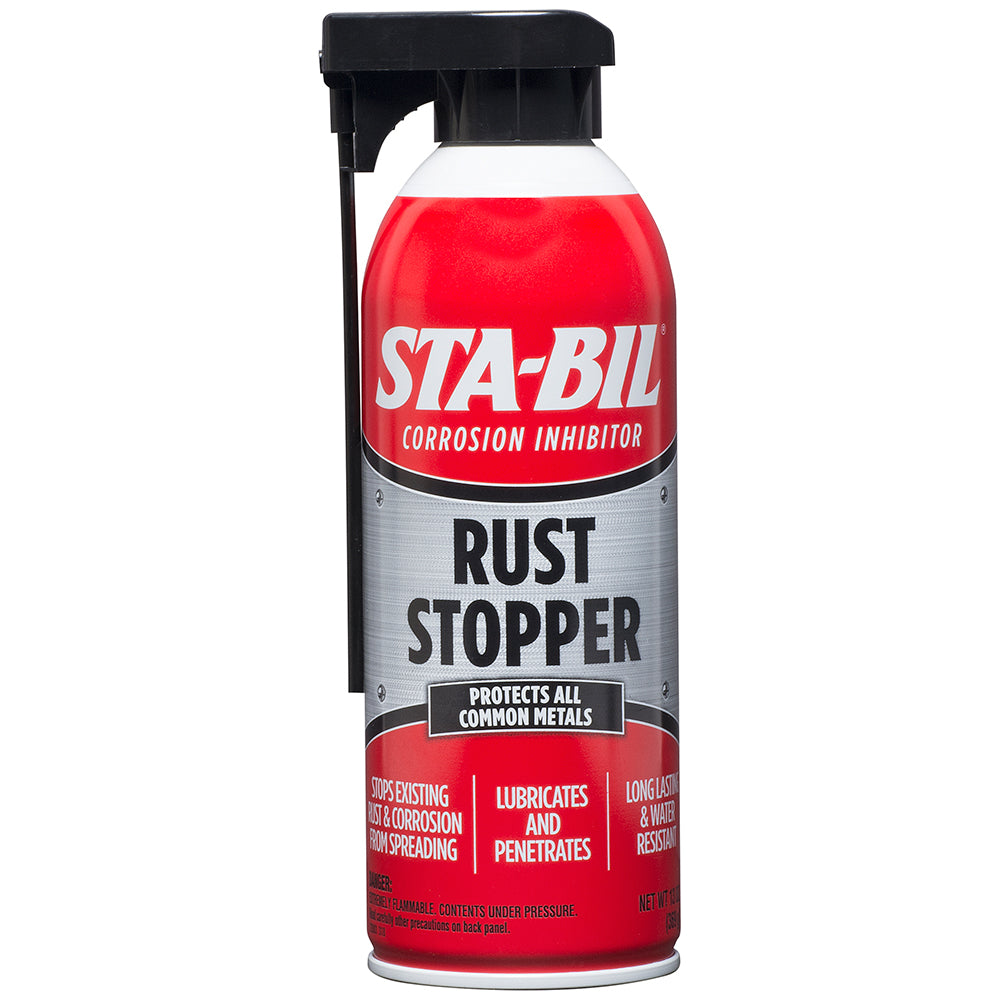 STA-BIL Rust Stopper 12oz bottle, a cleaning product for preventing and removing rust from metal surfaces.