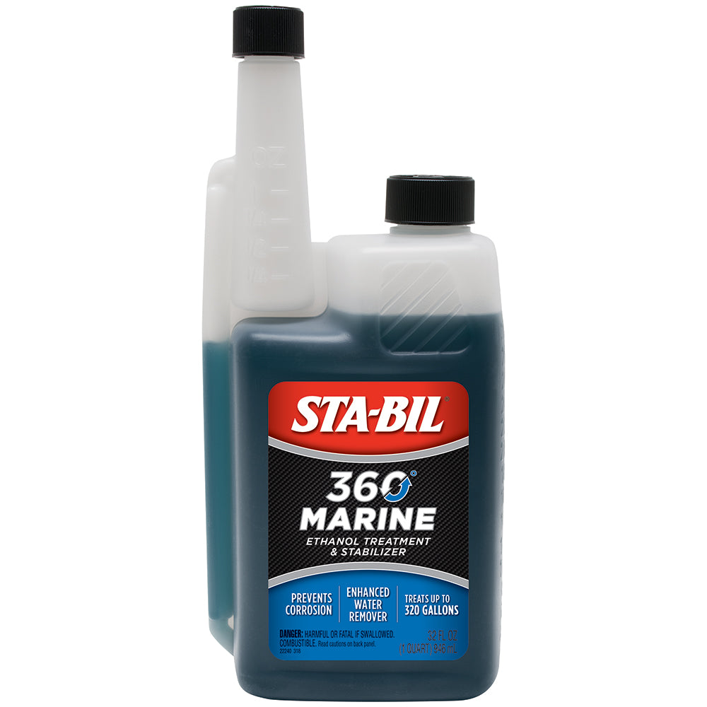 STA-BIL 360 Marine fuel treatment in a 32oz bottle, designed to stabilize and clean marine engine fuel systems.