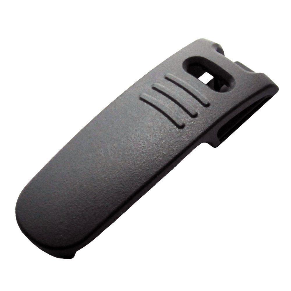 Standard Horizon CLIP-24 belt clip in black for HX150 and HX100 radios, accessory mounted on communication device.