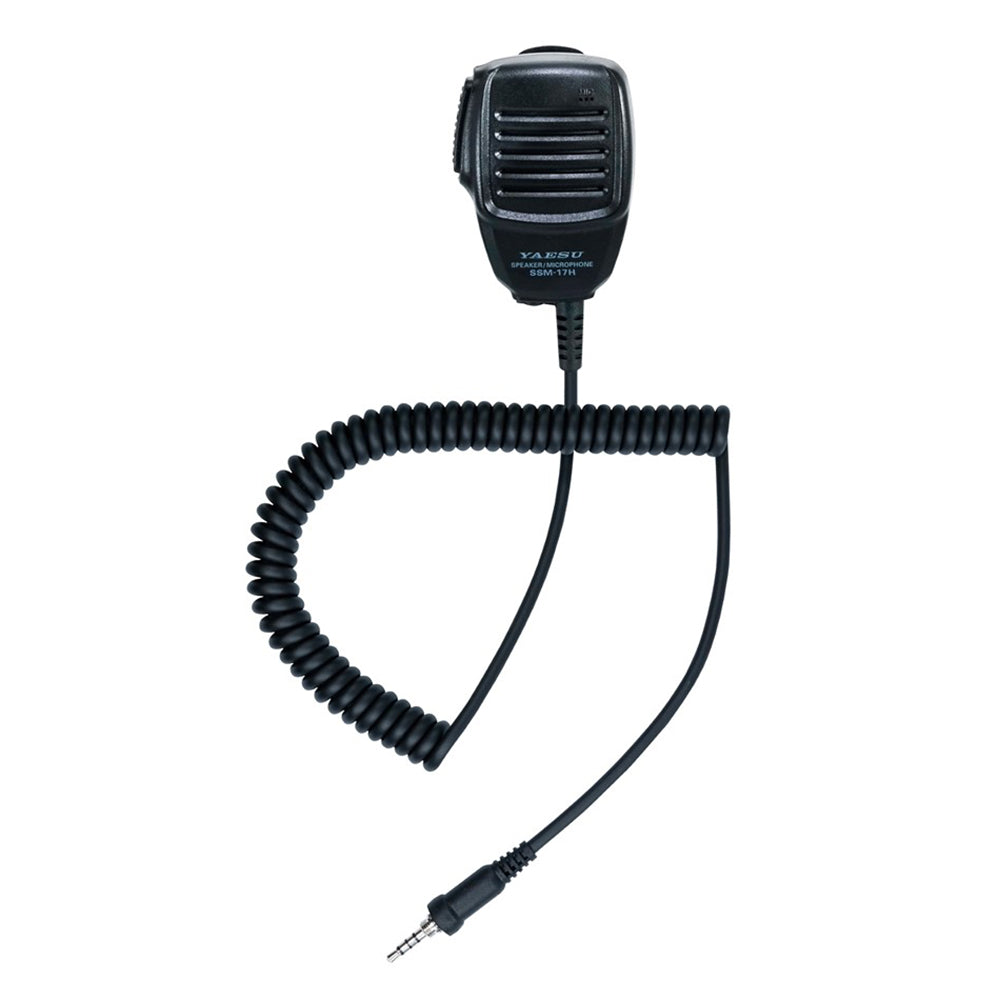 Standard Horizon Compact Speaker Microphone for radio communication, with clip and cord attachment, in black color.