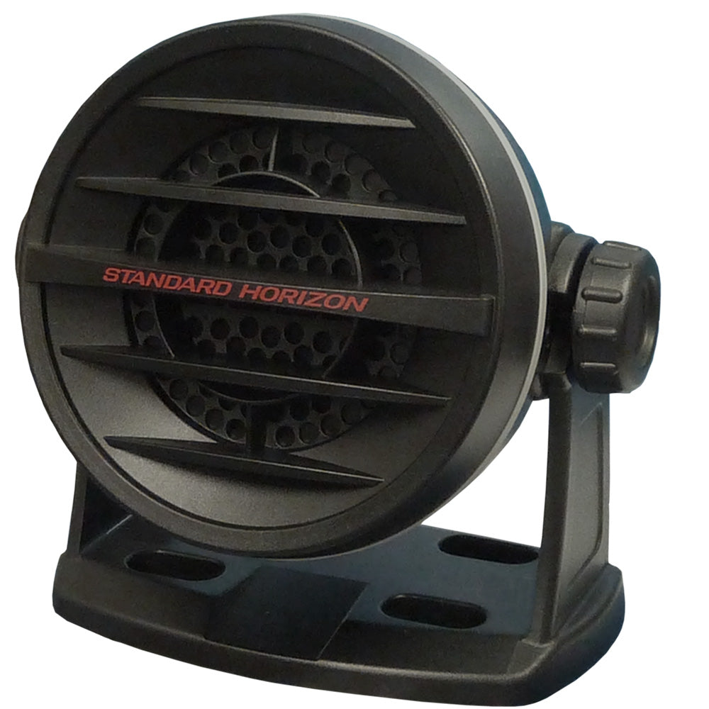 Black Standard Horizon MLS-410 fixed mount speaker for marine radios, shown in a close-up view.