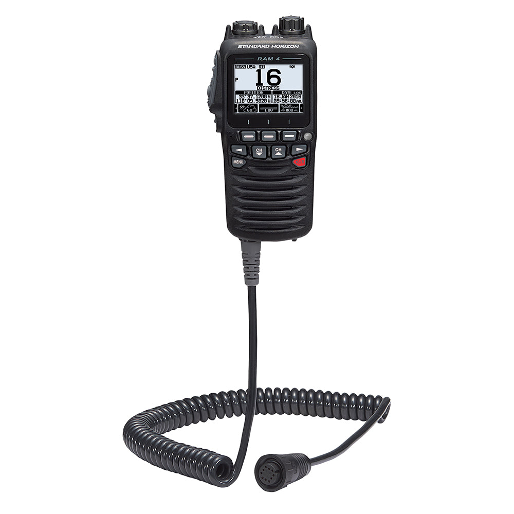 Standard Horizon RAM4 wired remote microphone for radio communication, with controls and microphone grille visible.
