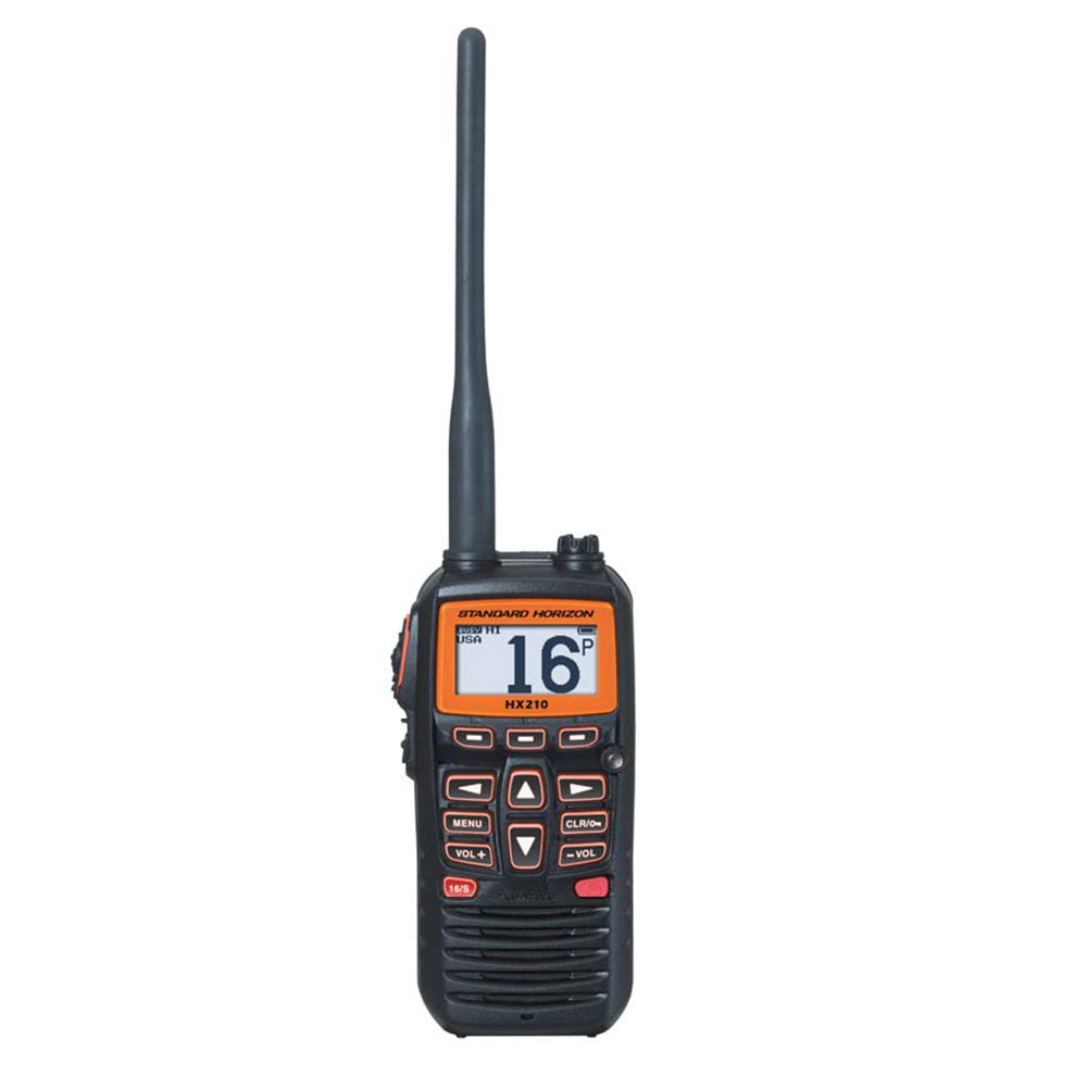 Standard Horizon HX210 6W floating handheld marine VHF transceiver with digital display and waterproof design.