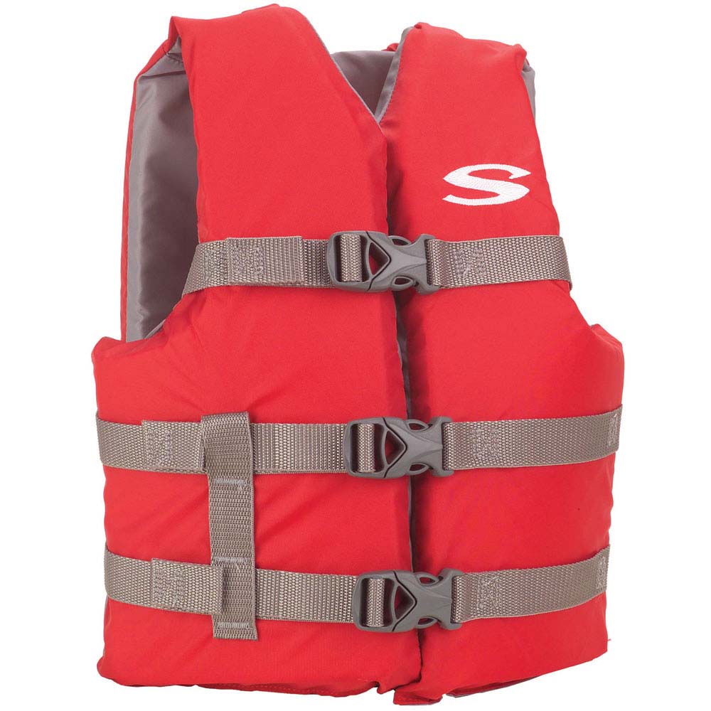 Stearns youth classic life vest in red and grey for children 50-90lbs, designed for safety and comfort during water activities.