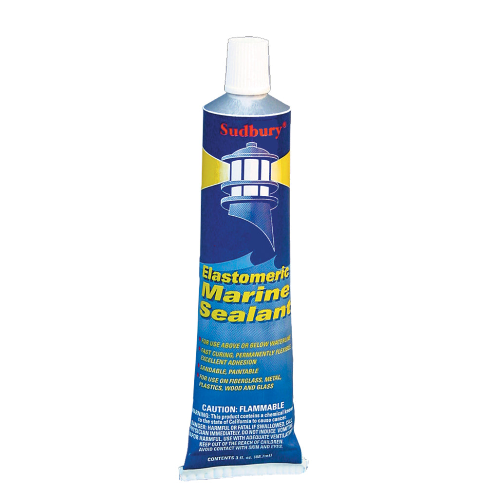 Sudbury Elastometric 3 oz white sealant tube, ideal for adhesives and sealing applications, shown in a close-up image.