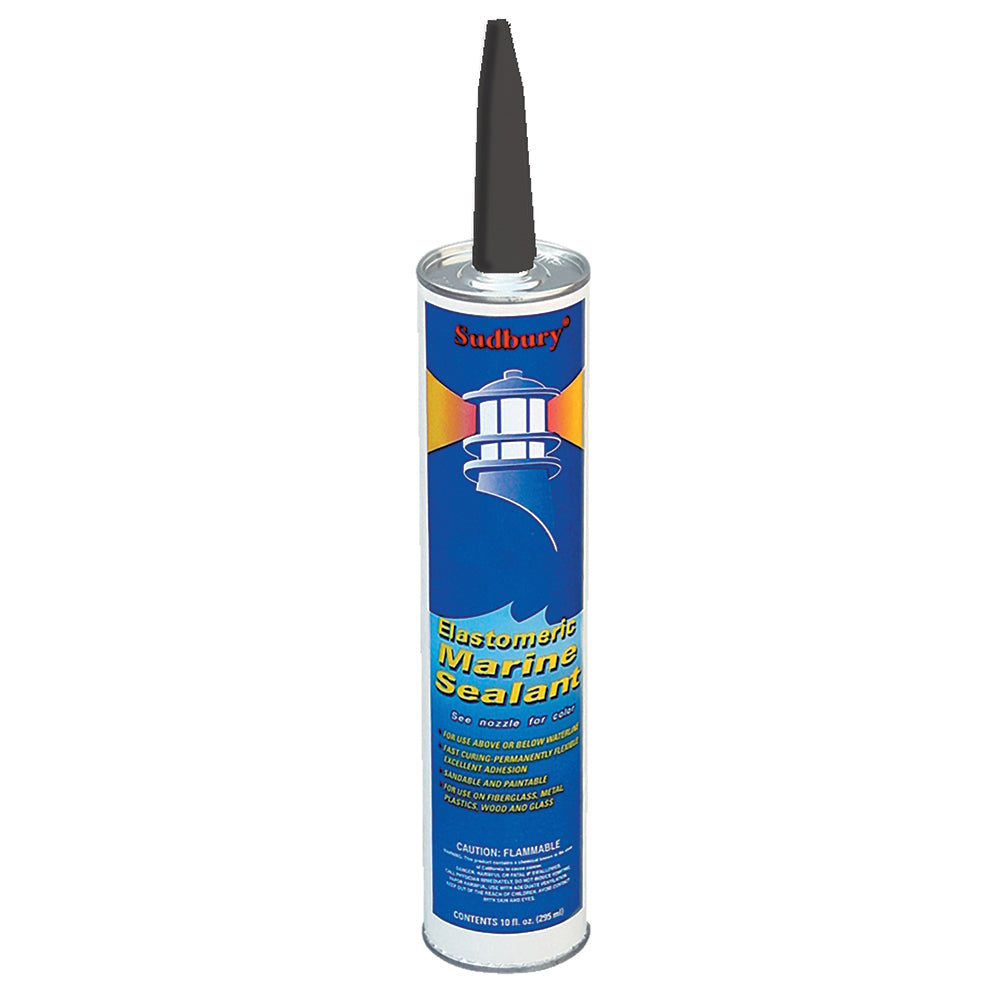 Sudbury Elastomeric Marine Sealant in a 10oz black cartridge, designed for waterproof sealing on boats and marine surfaces.