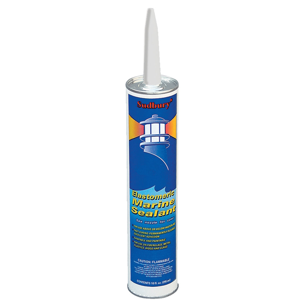 Sudbury Elastomeric Marine Sealant in a 10oz clear cartridge, used for waterproof sealing on boats and marine surfaces.