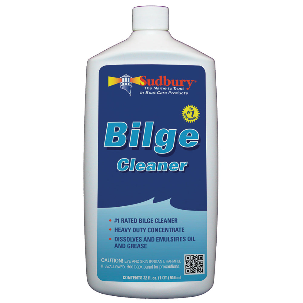 Sudbury Automatic Bilge Cleaner quart bottle, cleaning product for marine bilge areas, with label and pump cap visible.