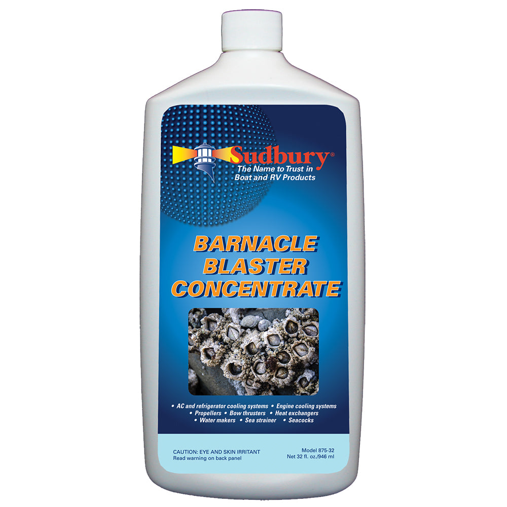 Sudbury Barnacle Blaster Concentrate cleaning solution in a 32oz bottle, designed to remove barnacles and marine growth from surfaces.