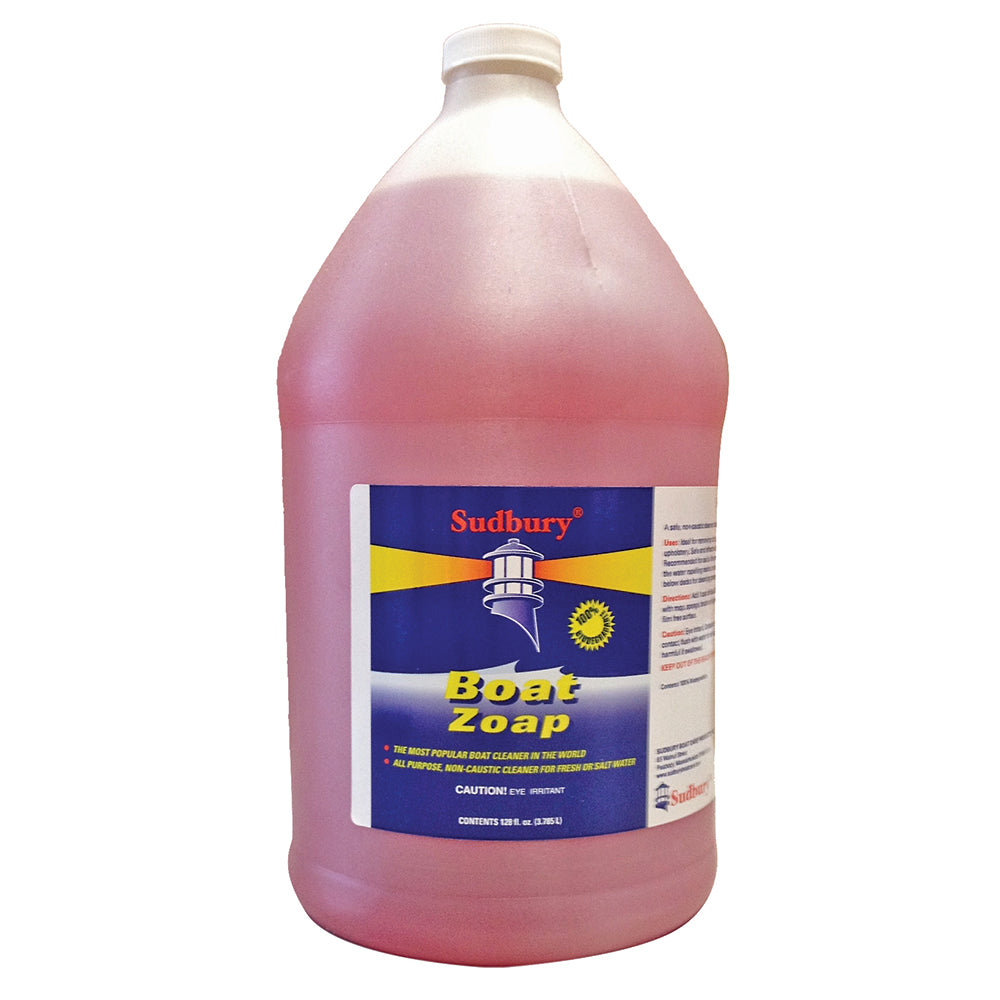 Sudbury Boat Zoap cleaning gallon container, biodegradable marine soap for boat cleaning and maintenance.