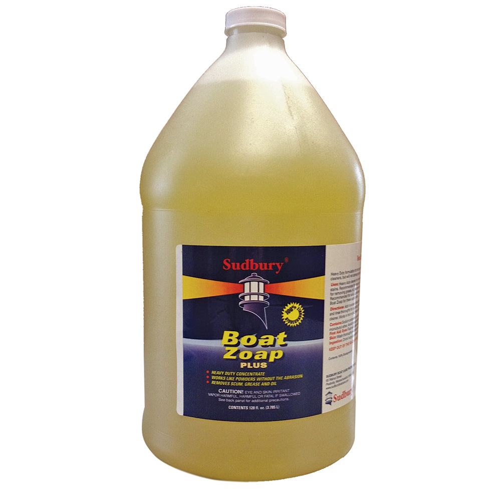Sudbury Boat Zoap Plus cleaning solution in a gallon container, designed for marine and boat cleaning applications.