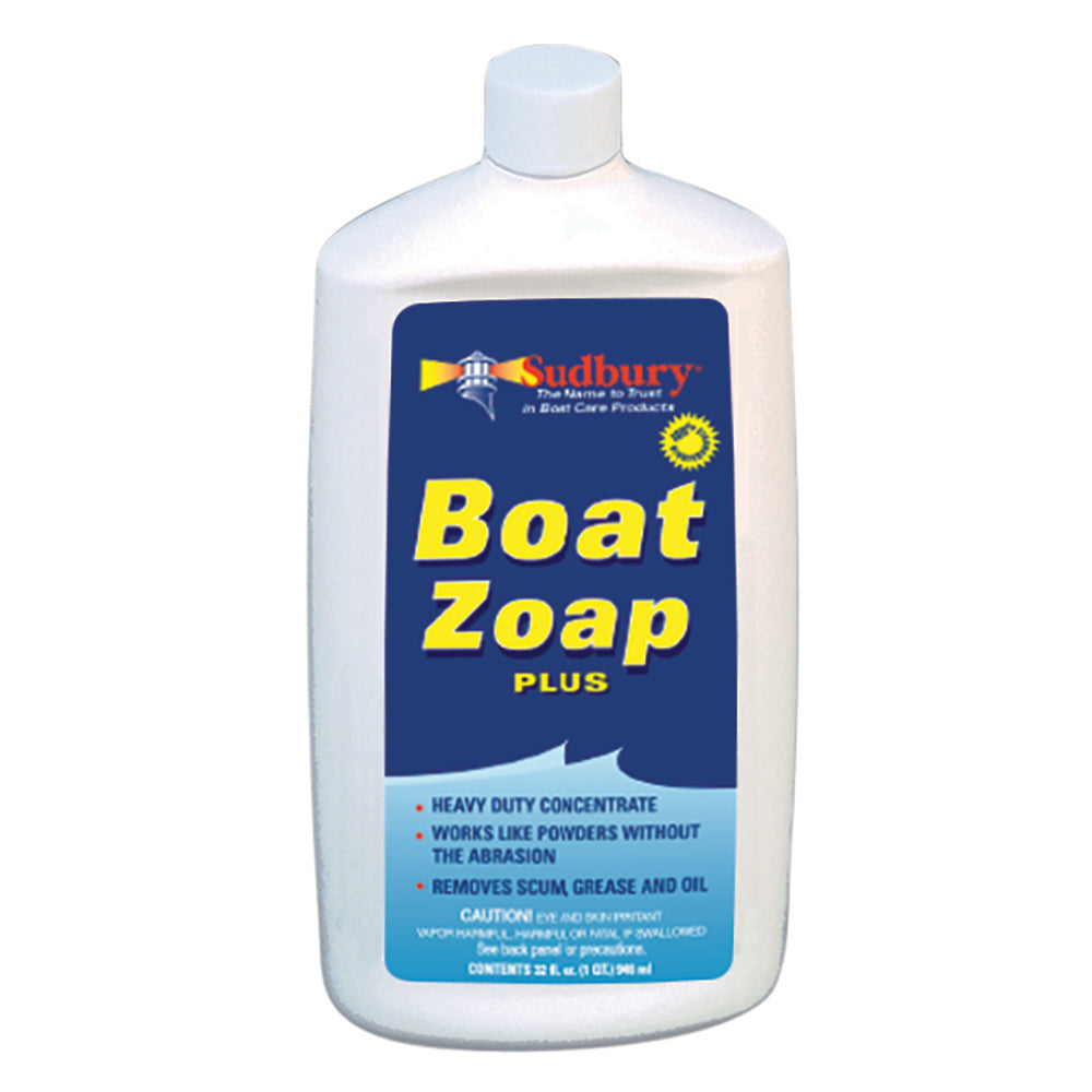 Sudbury Boat Zoap Plus quart container, eco-friendly cleaning solution for boats, with a white bottle and label showing product details.