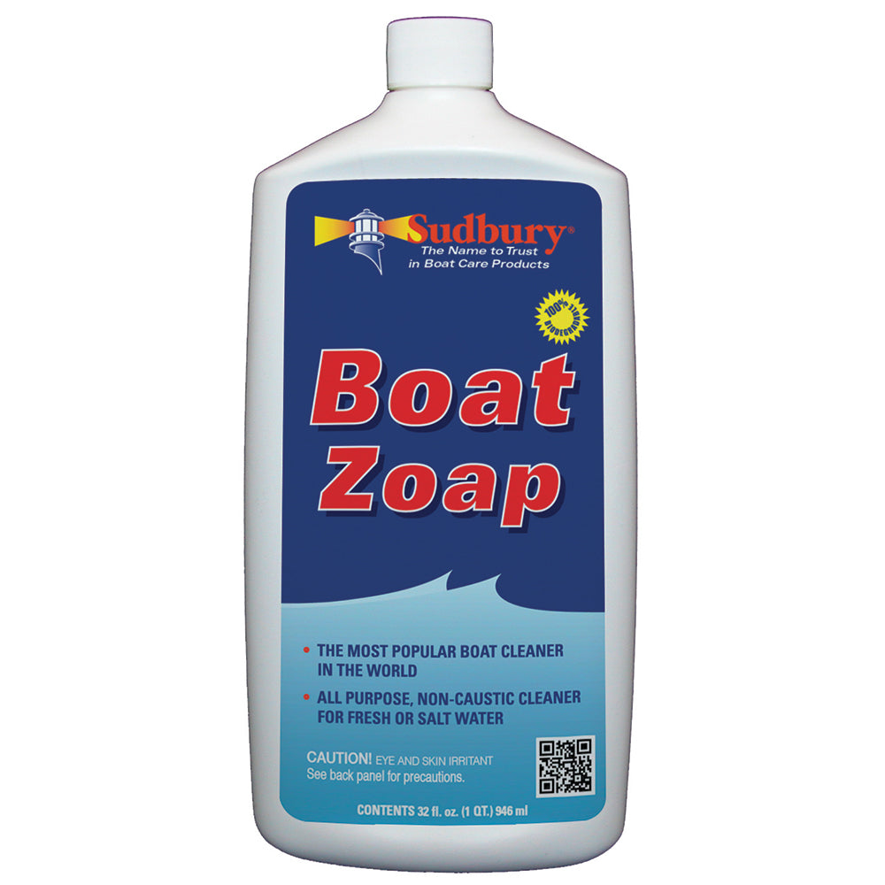 Sudbury Boat Zoap quart bottle for cleaning boats, with a clear label and white cap on a white background.