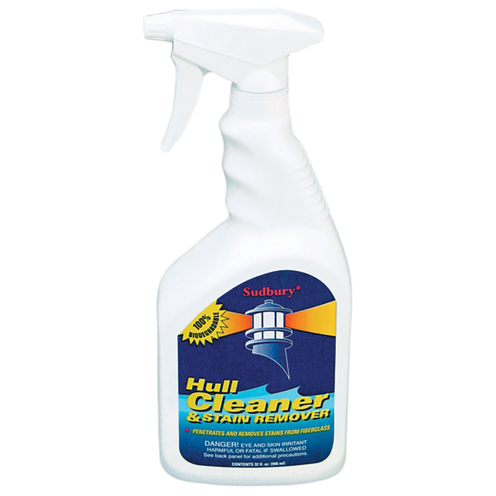 Sudbury Hull Cleaner and Stain Remover for boat hulls, showing a bottle with cleaning solution on a boat surface.
